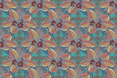 Raster illüstrasyonu. Dekoratif plumeria çiçekleriyle kusursuz arkaplan deseni ve bej, kahverengi ve mavi yapraklar.