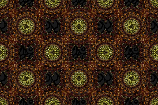 Ornamental patter in yellow, green and red colors. Raster seamless damask pattern, classic wallpaper, background.