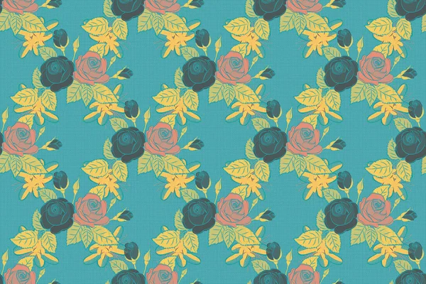 stock image Retro textile design collection. 1950s-1960s motifs. Silk scarf with rose flowers and leaves in green, blue and yellow colors. Seamless raster pattern with hand drawn floral elements. Autumn colors.