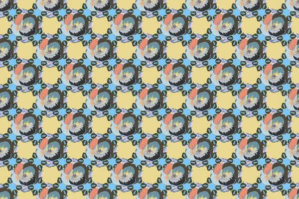 Bezproblémový Vzor Roztomilými Makovými Květy Modré Žluté Šedé Barvě Krásná — Stock fotografie