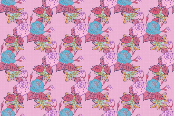 Безшовний Візерунок Помаранчевими Рожевими Синіми Трояндами Растрова Квіткова Ілюстрація Вінтажному — стокове фото