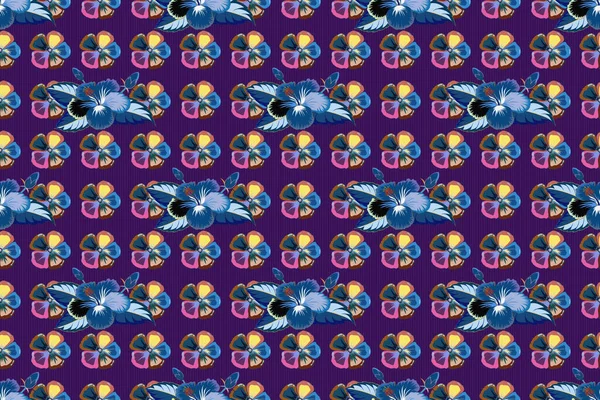 Hawaiian tropical natural floral seamless pattern in pink, violet and blue colors. Pink, violet and blue hibiscus flowers in a trendy raster style.