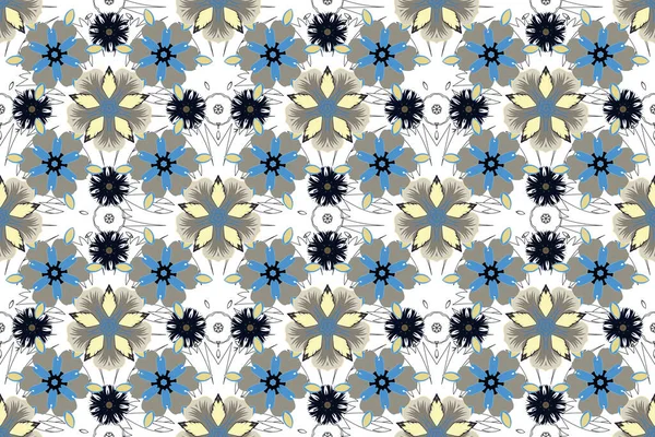 Seamless image of the elements in blue, beige and gray colors. Raster illustration. Good pattern for wallpaper, presentation, design, printing or textile.