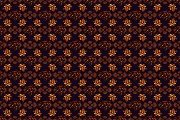 Bezešvé Pozadí Vzor Dekorativní Primula Květy Listy Černé Hnědé Oranžové — Stock fotografie