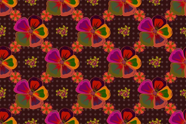 レトロなテキスタイルデザインコレクション 手描きの花の要素を持つ抽象的なシームレスラスターパターン 1950年代から1960年代のモチーフ 茶色のコスモスの花とシルクスカーフ — ストック写真