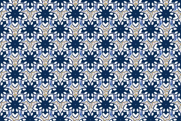 Raster floral print in blue colors. Watercolor seamless pattern on striped background.