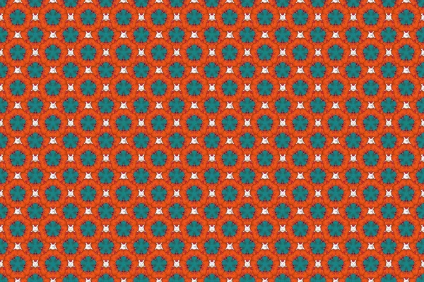 Seamless pattern in Eastern style with blue, red and orange elements. Vintage seamless grid for design template. Raster sketch for cards, thank you message, printing.