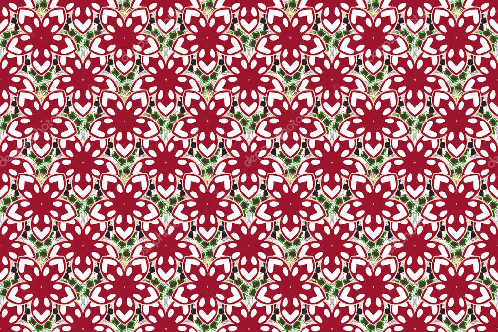 Floral vintage seamless pattern in green, beige and red colors. Raster illustration.