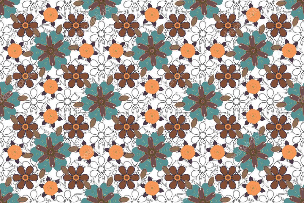 Raster seamless pattern with brown, blue and gray vintage ornaments.