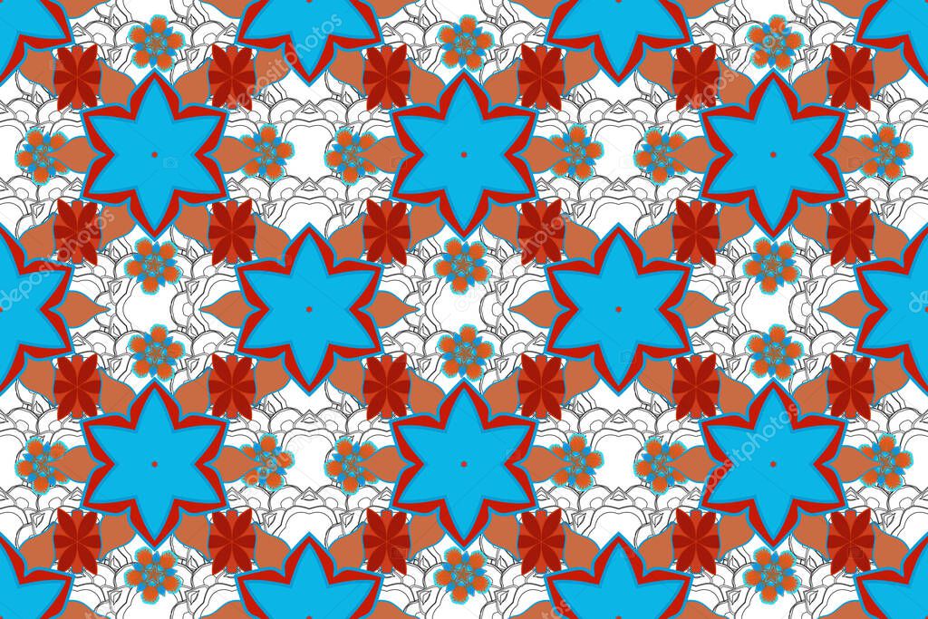 Colorful abstract background. Ethnic and tribal motifs. Bright seamless pattern with raster geometric ornament in Christmas traditional colors (blue, gray and red). Ornamental vivid wallpaper.