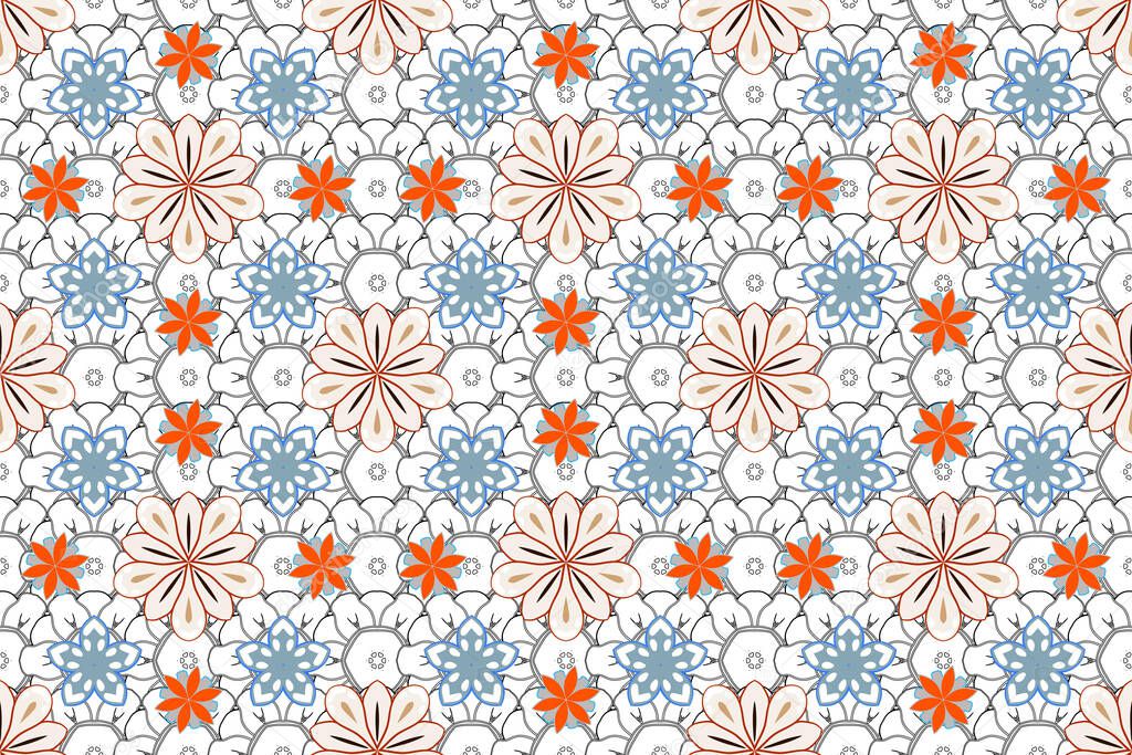 Good pattern for wallpaper, presentation, design, printing or textile. Raster illustration. Seamless image of the elements in gray, orange and blue colors.