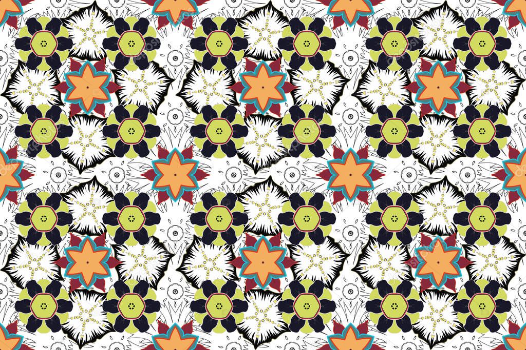 Raster illustration. Seamless background pattern with tropical flowers and leaves in violet, yellow and blue colors.