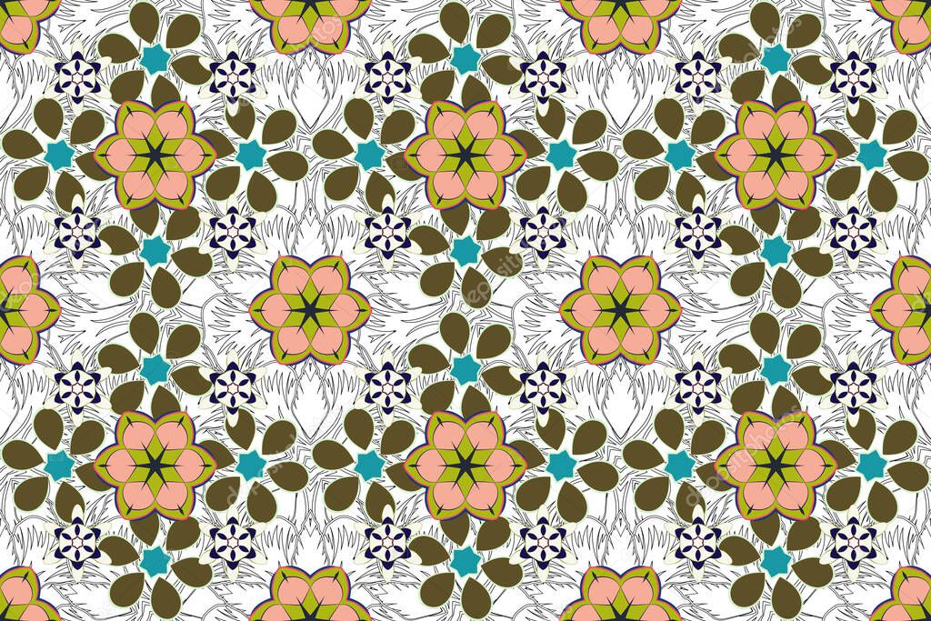 Vintage style. Stock raster illustration. Seamless pattern of abstrat flowers in green, beige and blue colors.