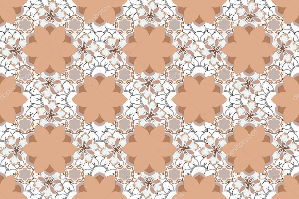 Symbol of holiday. Abstract raster bright design for wallpaper, Christmas decoration, confetti, textile, wrapping. Stars seamless pattern in brown, gray and orange colors.