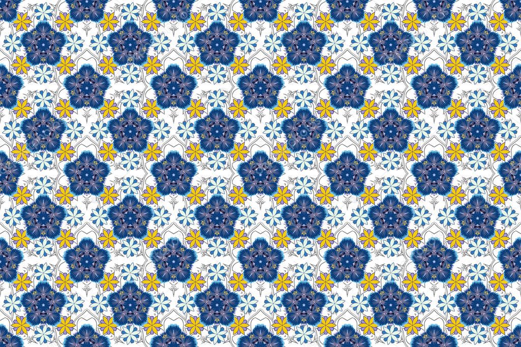Trendy print. Watercolor seamless pattern with ditsy flowers in blue and green colors. Beautiful raster pattern for decoration and design. Exquisite pattern of watercolor flowers in vintage style.