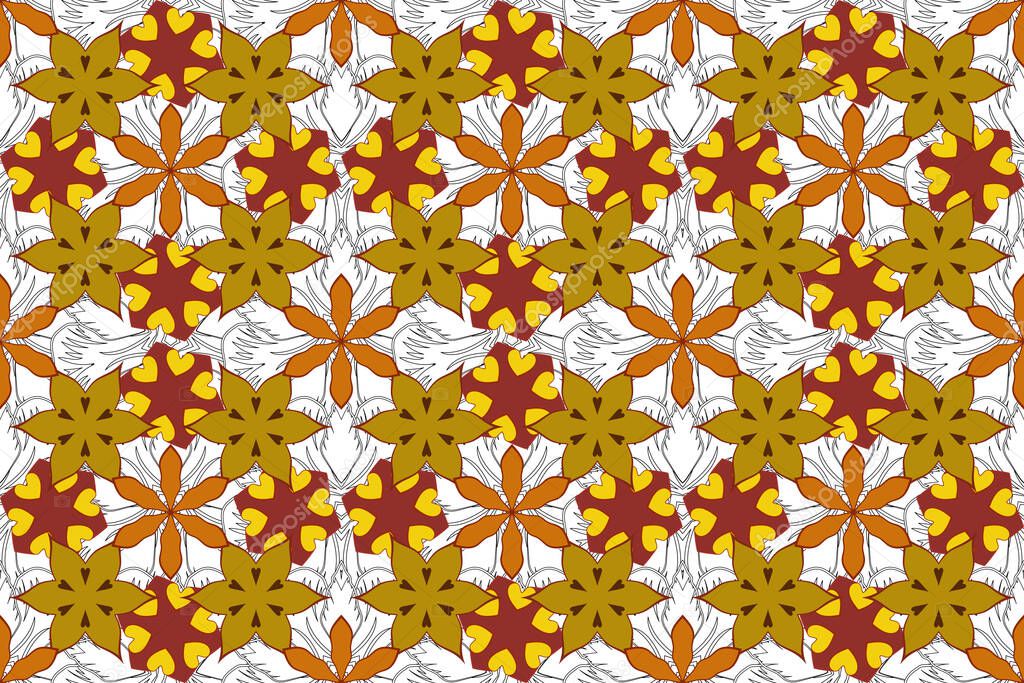 Optical illusion. Raster illustration good for the interior design, printing, web and textile design. Seamless texture of floral ornament in yellow, brown and gray colors.