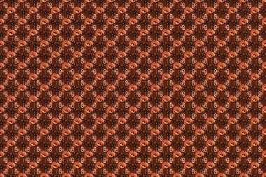 Pembe, turuncu ve kırmızı renklerde dikişsiz klasik desen. El yazısı haşhaş çiçekleri, pullar, anahtarlar..