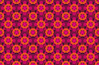 Raster illüstrasyonu. Çiçeklerin turuncu, morumsu ve kırmızı renklerinde dikişsiz desenleri var..