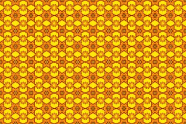 Siyah arka planda kırmızı, turuncu ve sarı renkli süslemeler. Raster dikişsiz damaske deseni, klasik duvar kağıdı, arkaplan.