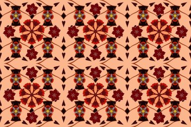 Bej, kırmızı ve kahverengi renkli çiçek motifleri olan soyut zarafet deseni.