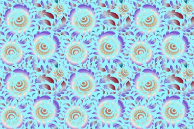 Tekstil baskısı, baskı ya da kumaş için doğu süsü. Gri, mavi ve bej renklerde kusursuz desen. İslami raster tasarımı.