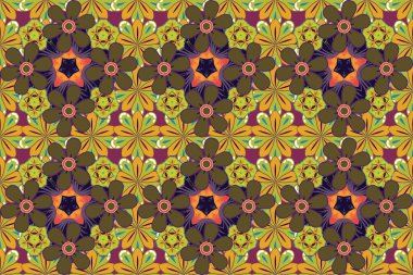 Puantiye, konfeti. Çizgili geometrik modern elementlerle kusursuz desen. Parlak mor, yeşil ve sarı arkaplan. Art deco tarzı. Raster illüstrasyonu.