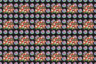 Dekoratif yaz çiçeklerinin kahverengi ve yeşil renkleriyle kusursuz desen, suluboya raster çizimi.