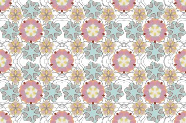 Gri, mavi ve pembe renklerde, tekrarlayan elementlerle kusursuz bir soyut süs. Zarif raster klasik kusursuz desen.