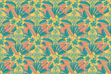 Arabesk. Kesişen kıvrımlı zarif stilize Plumeria çiçekleri, yapraklar ve parşömenler soyut çiçek süsü oluşturuyorlar. Soyut, soyut, sarı, pembe ve mavi renklerde desenler..