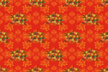 Kırmızı, turuncu ve sarı renklerde kusursuz bir çiçek deseni. Stock raster illüstrasyonu. Klasik stil.