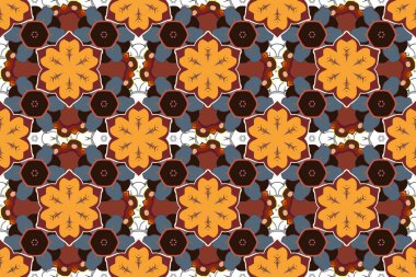 Tekstil baskısı, baskı ya da kumaş için doğu süsü. Turuncu, kahverengi ve gri renklerde kusursuz desen. İslami raster tasarımı.