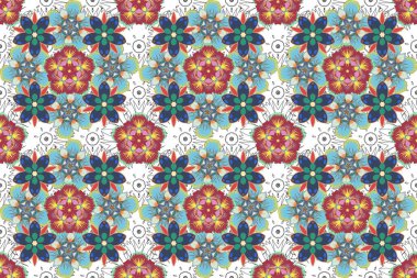 Mavi, kırmızı ve pembe renklerde klasik, dikişsiz desen. El yazısı raster çiçekler, pullar, anahtarlar..