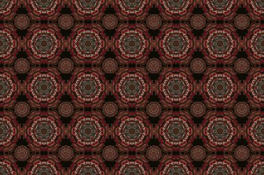 Ikat damaske desensiz arkaplan fayansı. Raster illüstrasyonu. Siyah, turuncu ve kahverengi renklerle.