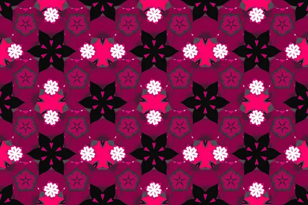 Stylish wallpaper with flowers. Abstract raster background. Floral seamless pattern with blooming flowers and leaves in magenta, purple and black colors.