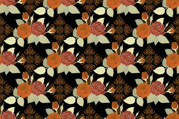 Цветочный Узор Розами Винтажный Цветок Бесшовный Узор Ручной Рисунок Зеленый — стоковое фото