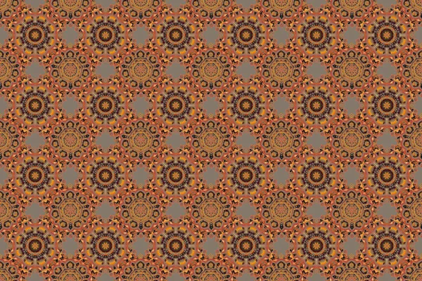 Vintage ornamental background with victorian pattern in orange, yellow and brown colors. Raster illustration. Seamless damask pattern.