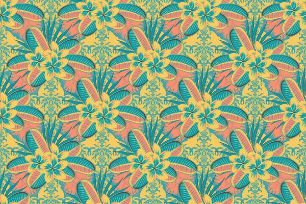 Arabesk. Kesişen kıvrımlı zarif stilize Plumeria çiçekleri, yapraklar ve parşömenler soyut çiçek süsü oluşturuyorlar. Soyut, soyut, sarı, pembe ve mavi renklerde desenler..