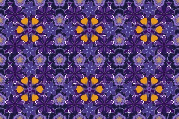 Raster floral print in purple, violet and gray colors. Watercolor seamless pattern on striped background.
