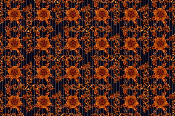 Textile print for bed linen, jacket, package design, fabric and fashion concepts. Raster seamless pattern with flowers and leaves in orange, gray and black colors. Floral background, watercolor effect