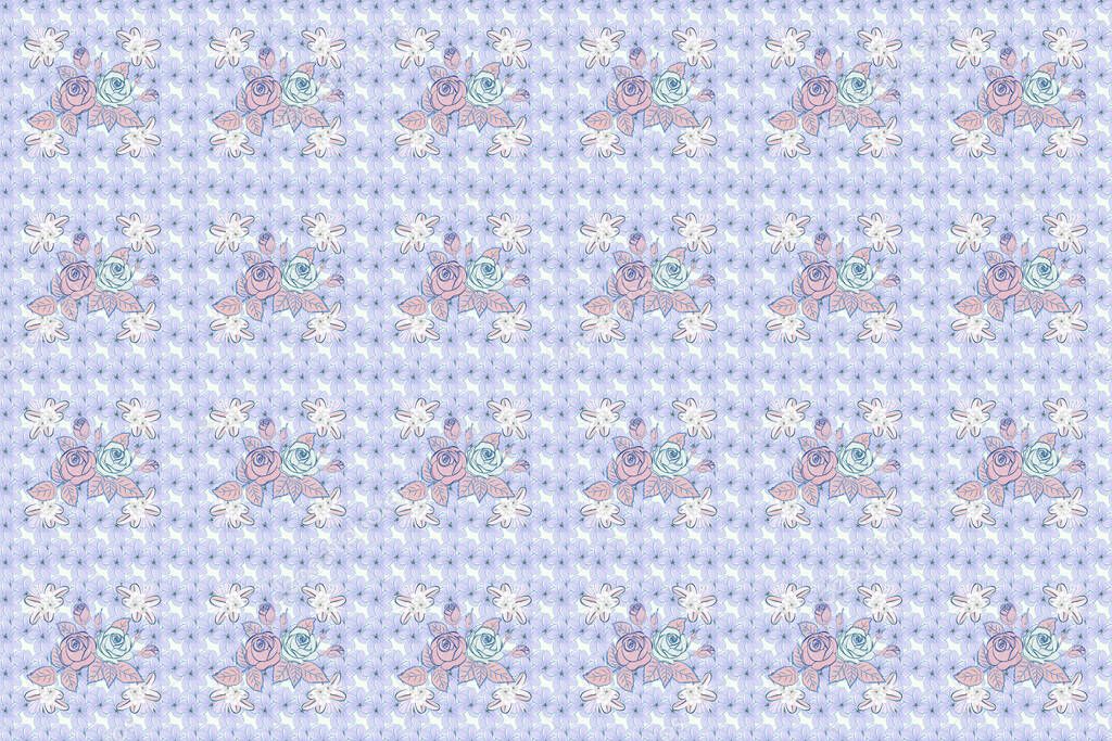 Seamless pattern of stylized white, gray and blue roses.
