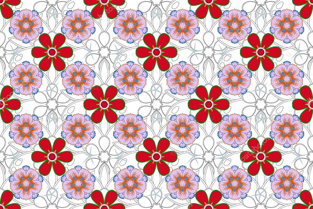 Oriental ornament for textile print, printing or fabric. Seamless pattern in red, pink and blue colors. Islamic raster design.