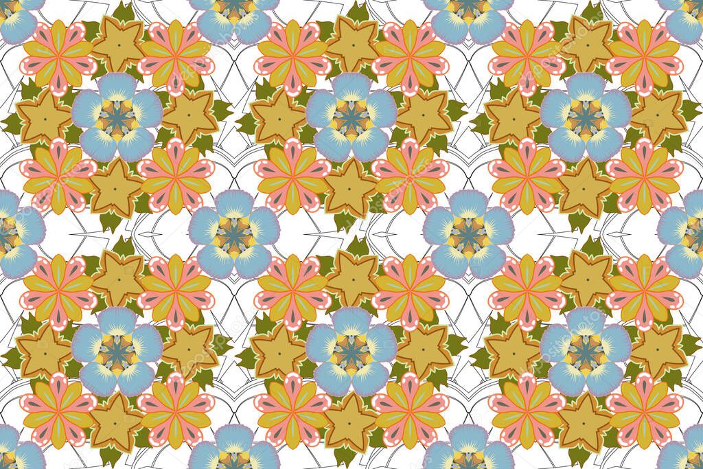 Raster illustration. Seamless floral pattern in blue, gray and yellow colors with motley flowers.