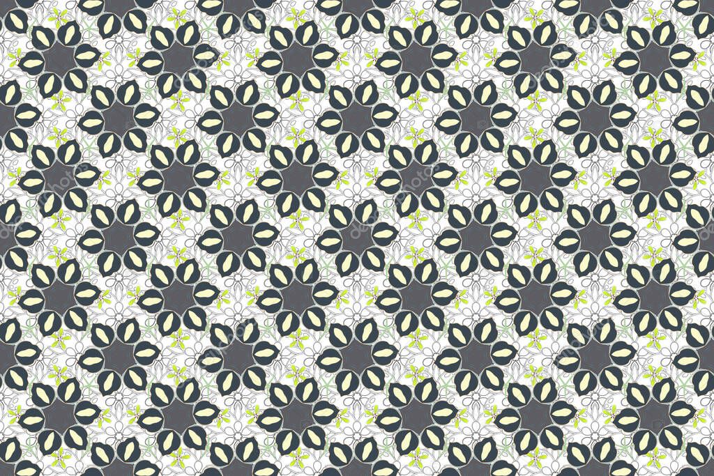 Seamless pattern with cute flowers in gray, blue and green colors. Spring vintage floral background. Beautiful raster texture.
