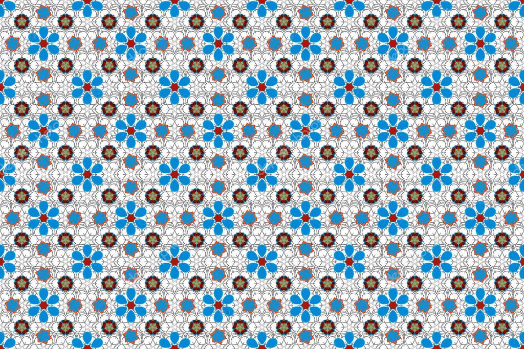 Seamless ornament print in blue, gray and brown colors. Can be used for greeting or business cards, backdrop, fabric or textile. Ethnic towel, henna style. Raster Indian floral Paisley patten.