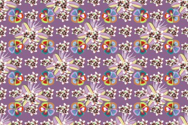 Raster soyut çiçek arkaplanı. Kusursuz çiçek deseni. Bir sürü küçük turuncu ve mavi çiçekli kusursuz desen..