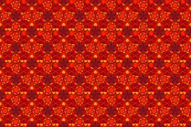 Klasik oryantal raster modeli. Turuncu, sarı ve kırmızı tekrarlayan elementlerle kusursuz soyut desen.