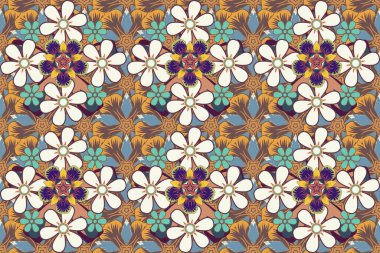 Çiçeklerle suluboya kusursuz desen. Dekorasyon ve tasarım için güzel bir desen. Turuncu, kahverengi ve mavi renkli moda baskı. Enfes desenler, çiçekli suluboya çizimler, klasik tarz..