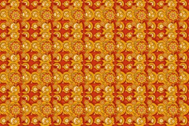 Raster illüstrasyonu. Şam, sarı, turuncu ve kırmızı renklerle kusursuz desen.