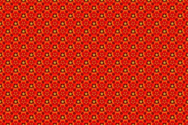 Yıldızlar turuncu, sarı ve kırmızı renklerle kusursuz desenli. Tatil sembolü. Duvar kağıdı, Noel süsü, konfeti, tekstil, ambalaj için soyut raster parlak tasarımı.