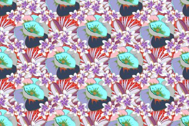 Kabile sanatı boho baskısı, klasik çiçek arkaplanı. Soyut etnik raster kusursuz desen. Arkaplan dokusu, duvar kağıdı, turuncu ve mavi renkli çiçek teması.